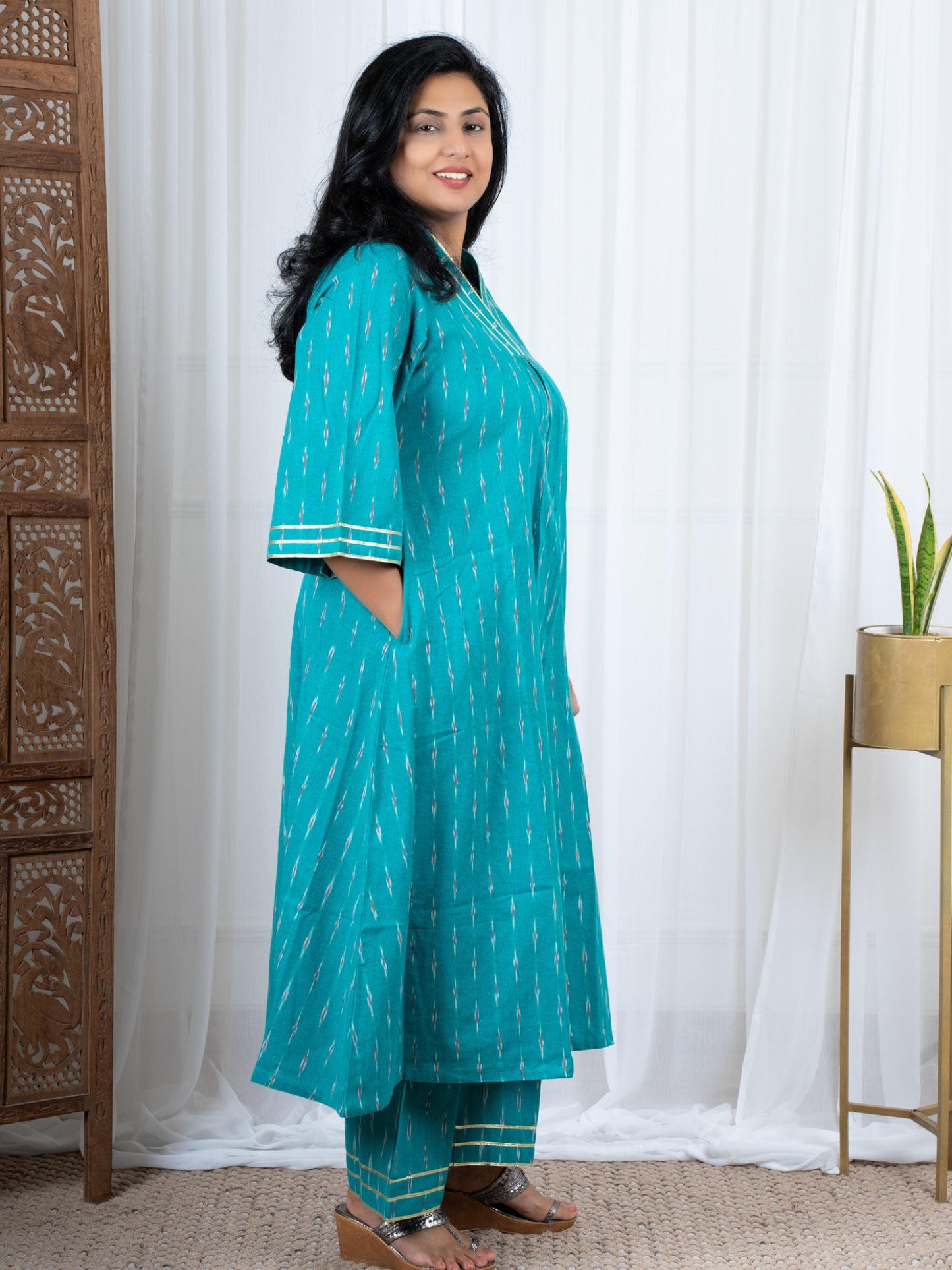Green Ikkat Kurti with Pants set for women