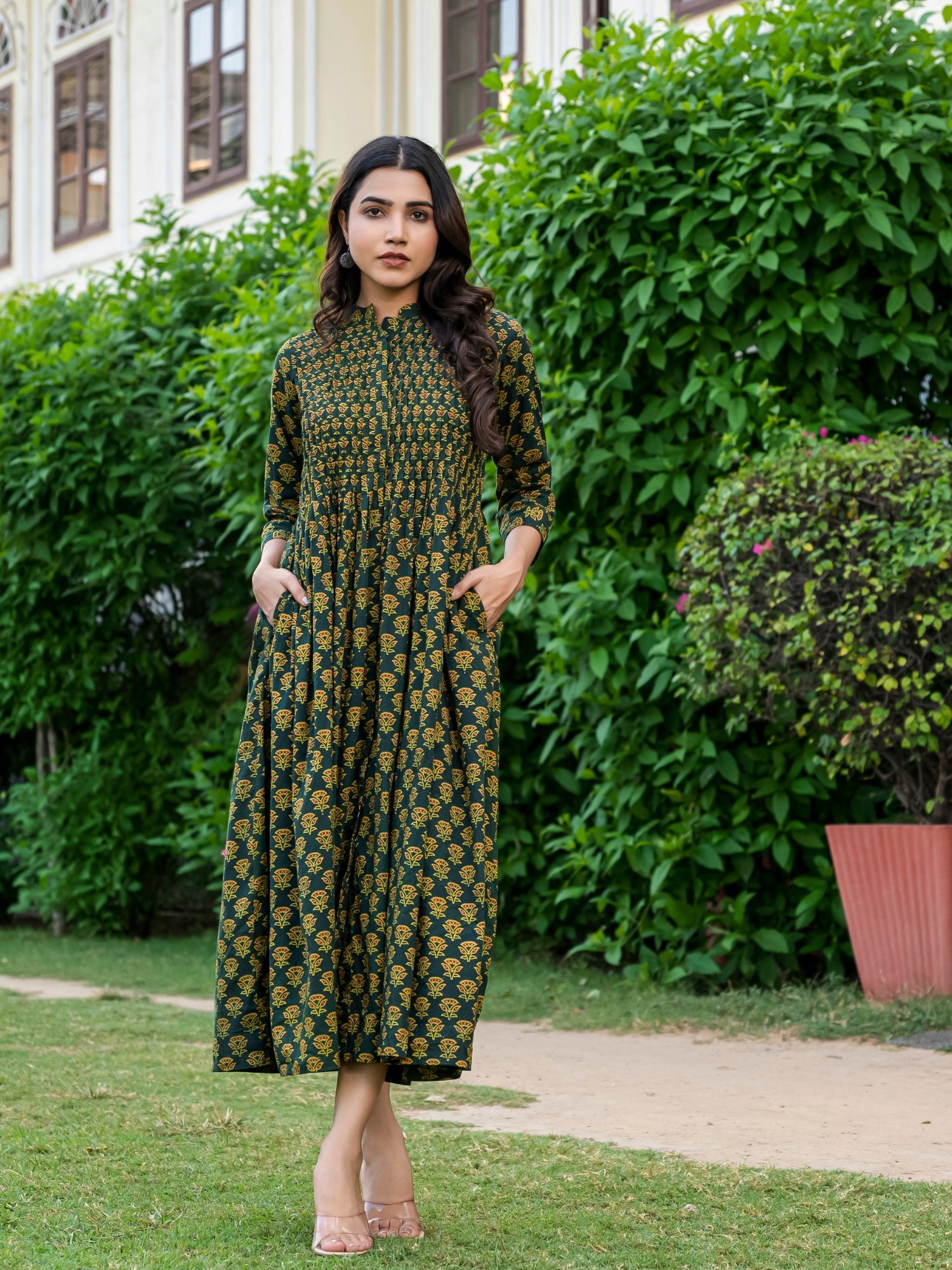 Ajrakh Handblock Pure Cotton Green Dress for Women