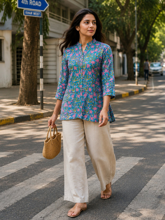 Aster Blue Cotton Top for women in pure cotton featuring pink floral motifs and a comfortable relaxed fit.