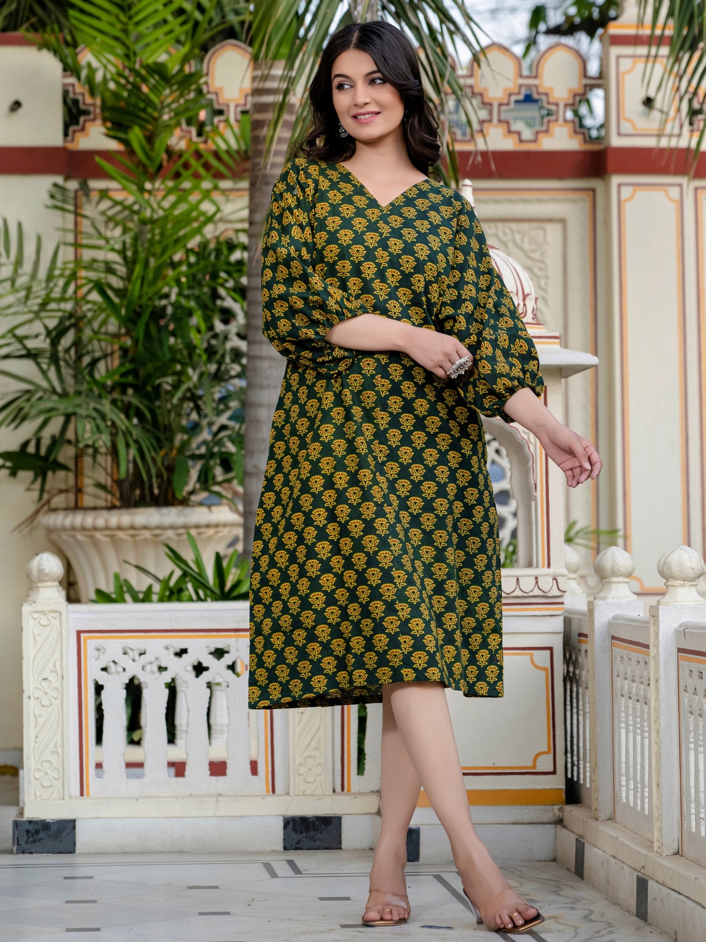 Anvitha Green Ajrakh Work Cotton Midi Dress