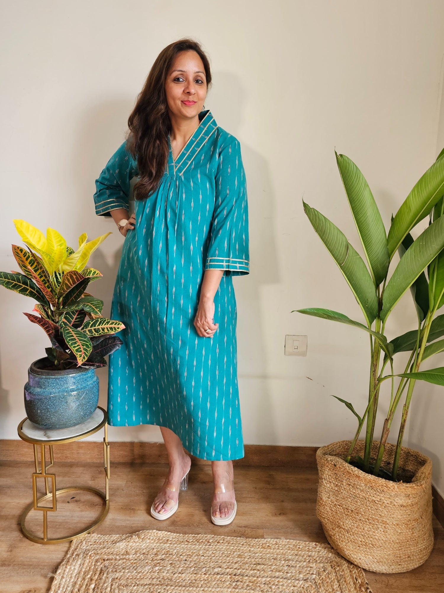 Gree Ikat Cotton Gota Work Festive Dress for women