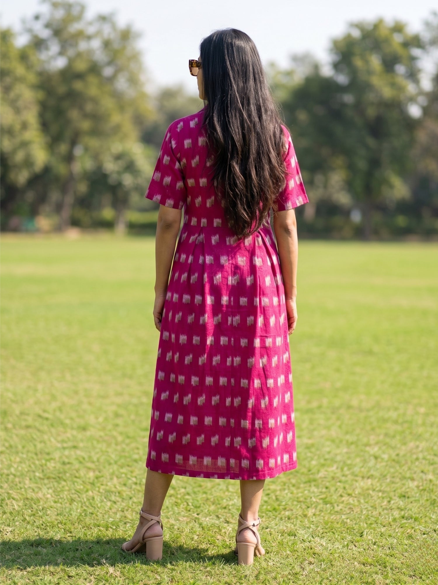 Pink Ikat cotton button down midi dress