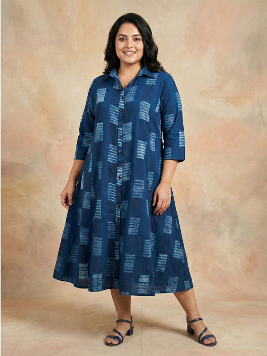 Ikkat Teal Blue Button Down Cotton Dress S to 6XL