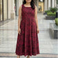 Wine ikat straight-cut midi dress for women in handloom cotton