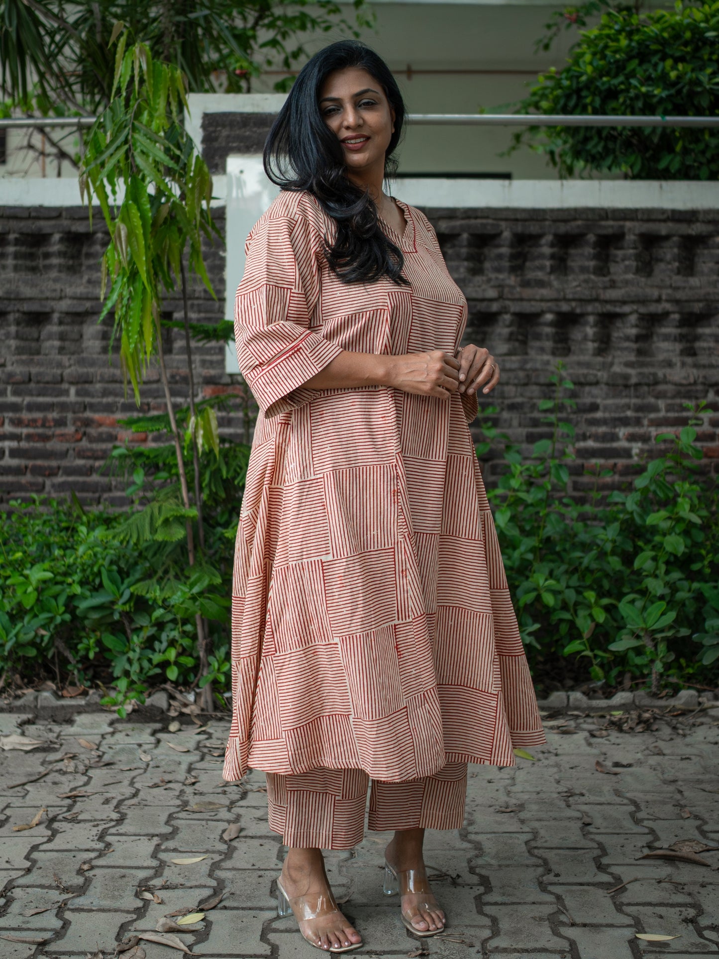 Samaira Red Stripes Block Print Pure Cotton Co-ord Set