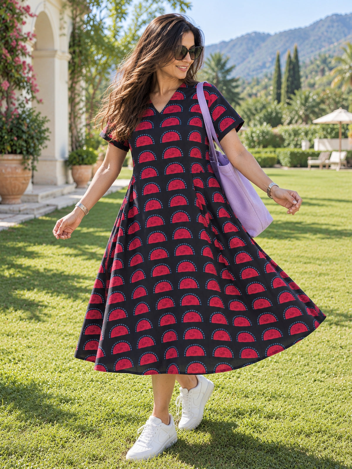 Half Moon Print Black Midi A line dress by Darzaania