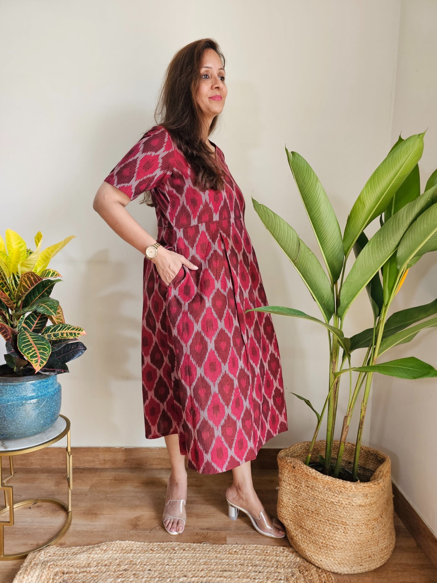 Darzaania Genelia Maroon Ikat Midi Dress
