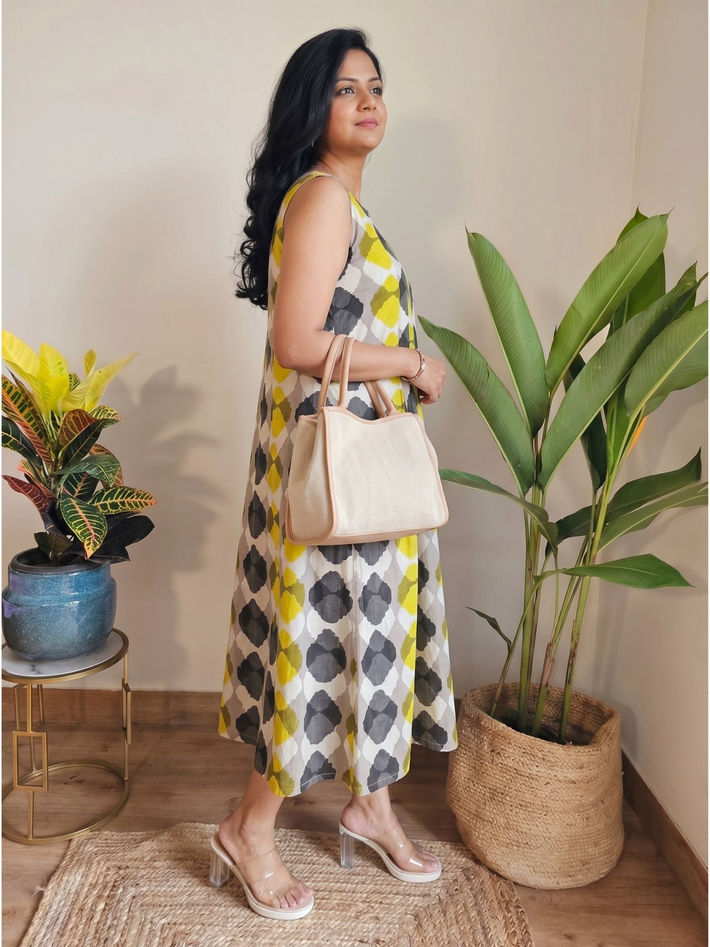 Side view of Darzaania Neerja Prism Cotton Dress in 100% cotton hand block print