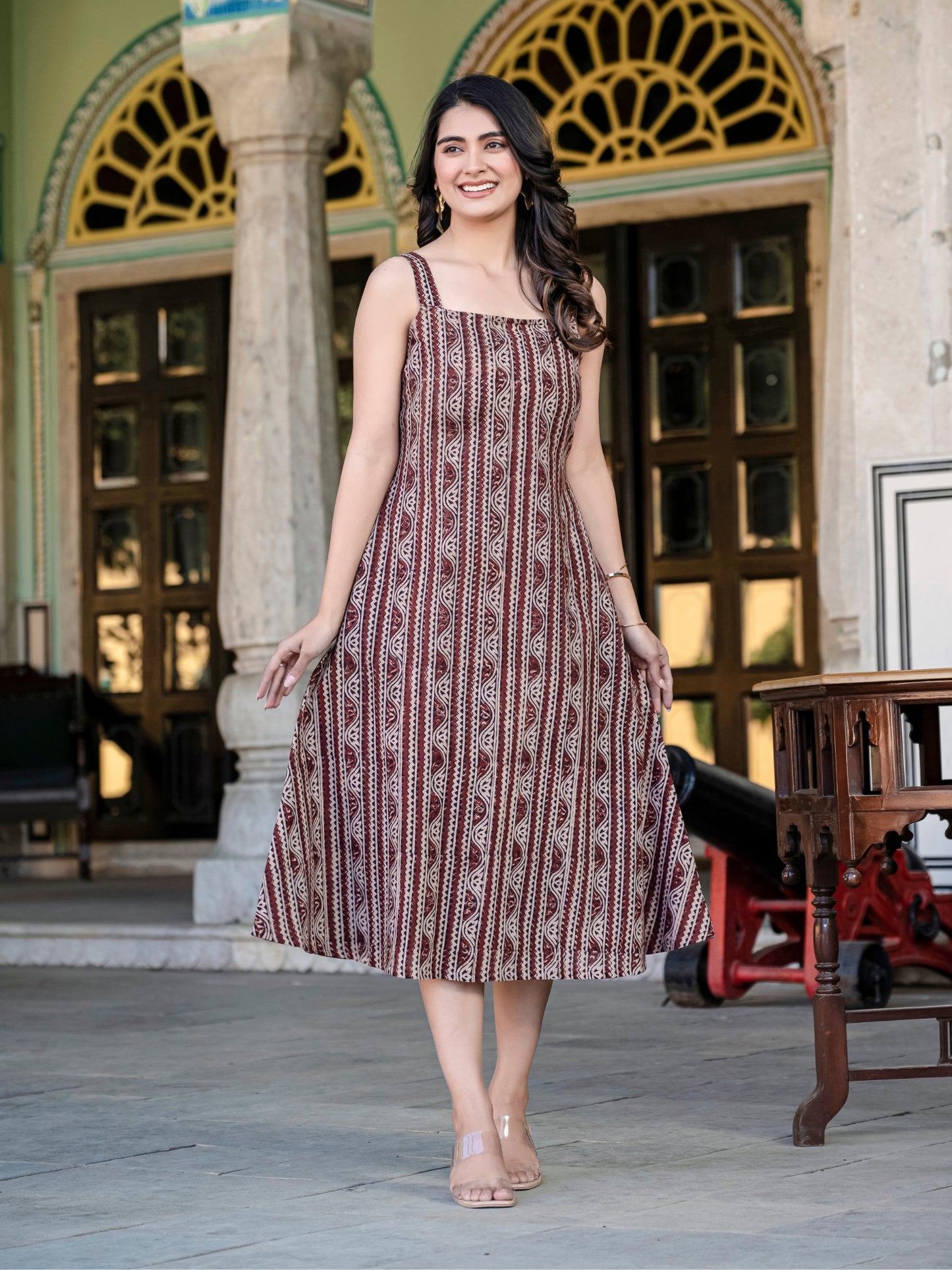 Darzaania Sienna Raga Kalamkari Strap Cotton Dress