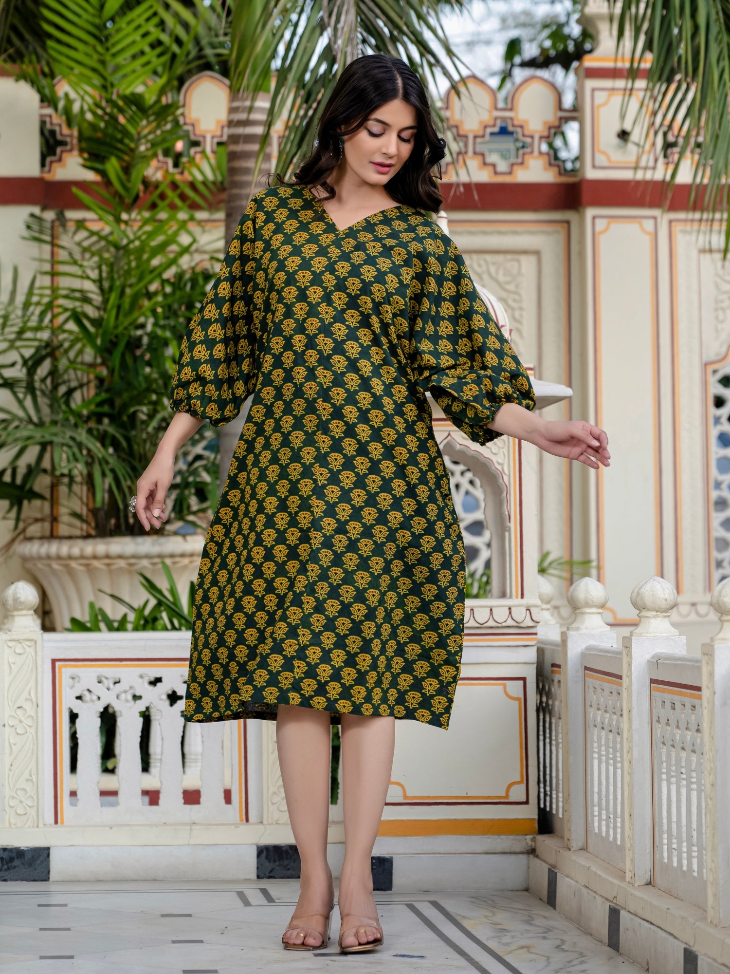 Anvitha Green Ajrakh Work Cotton Midi Dress