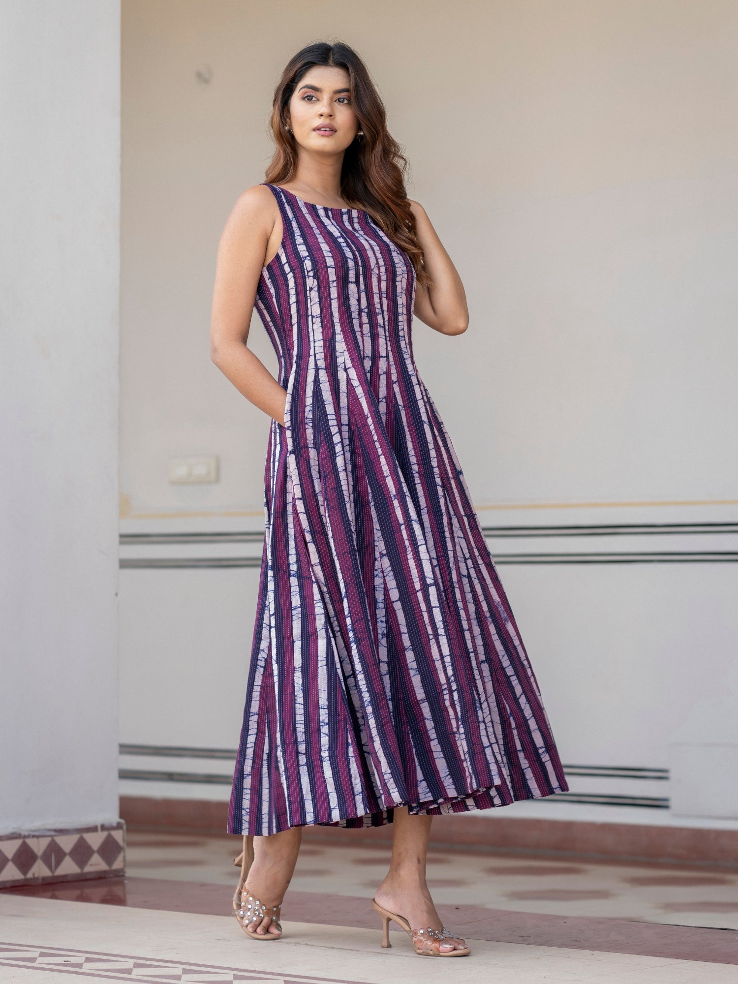 Handcrafted purple striped batik block print maxi dress in pure cotton for women, comfortable oversized and plus size fit from S to 6XL