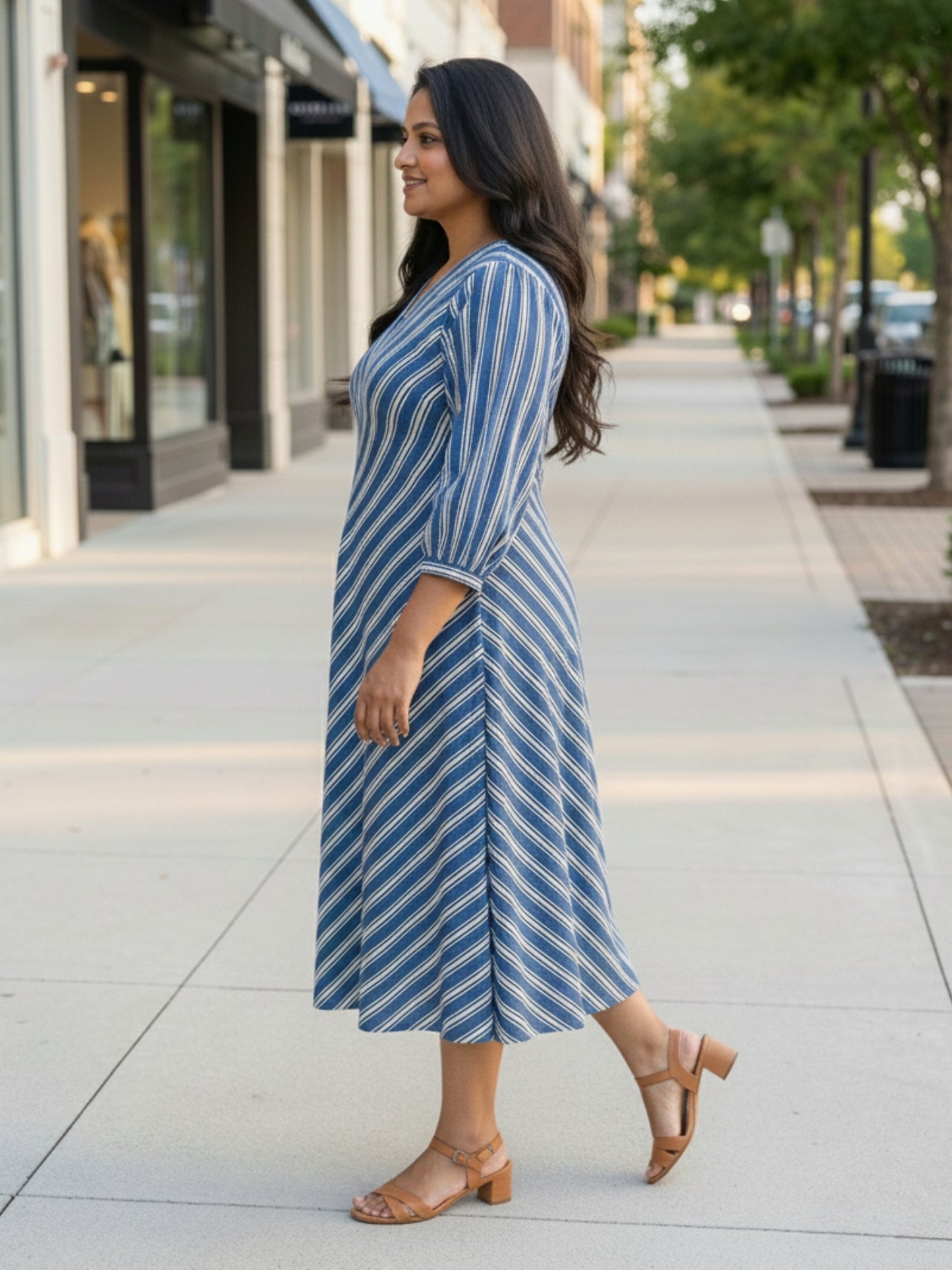 Blue striped dress pocket detail, handcrafted cotton dress with functional side pocket
