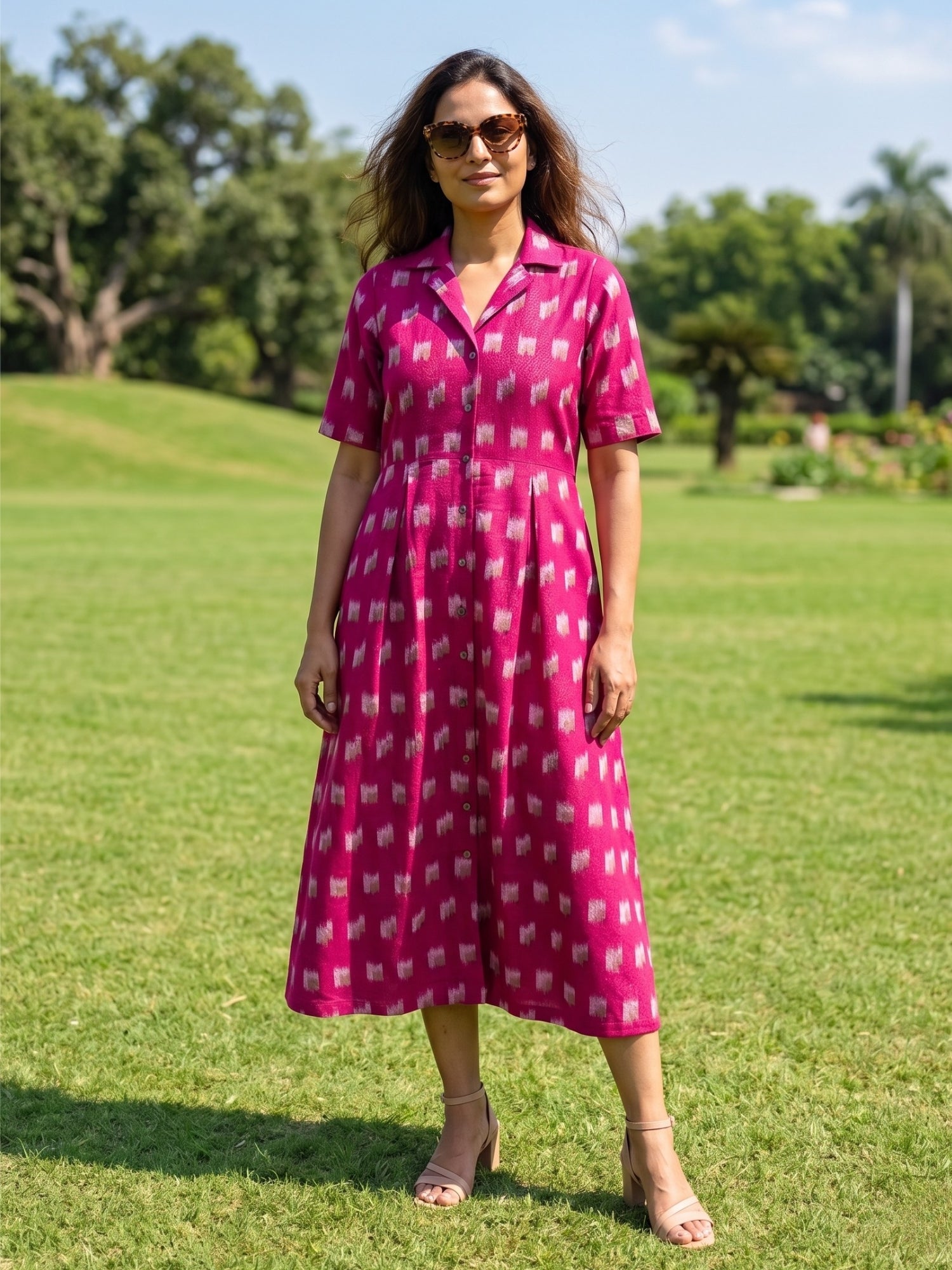 Pink ikat button down vacation dress for women