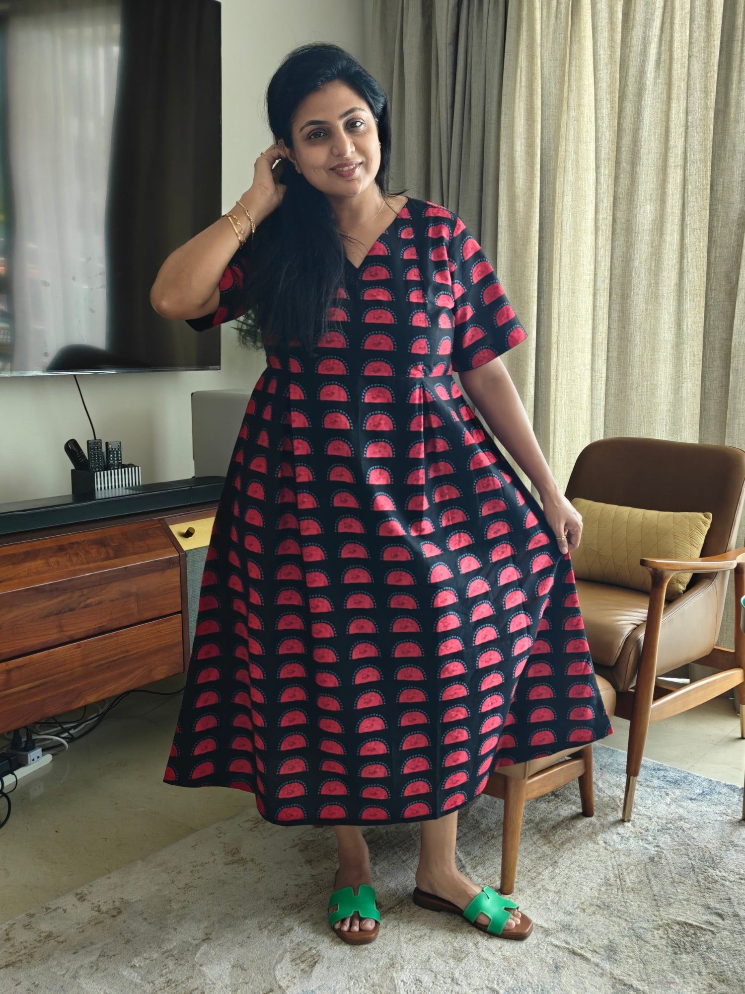 Darzaania Half moon print pure cotton midi dress S to 6XL sizes available