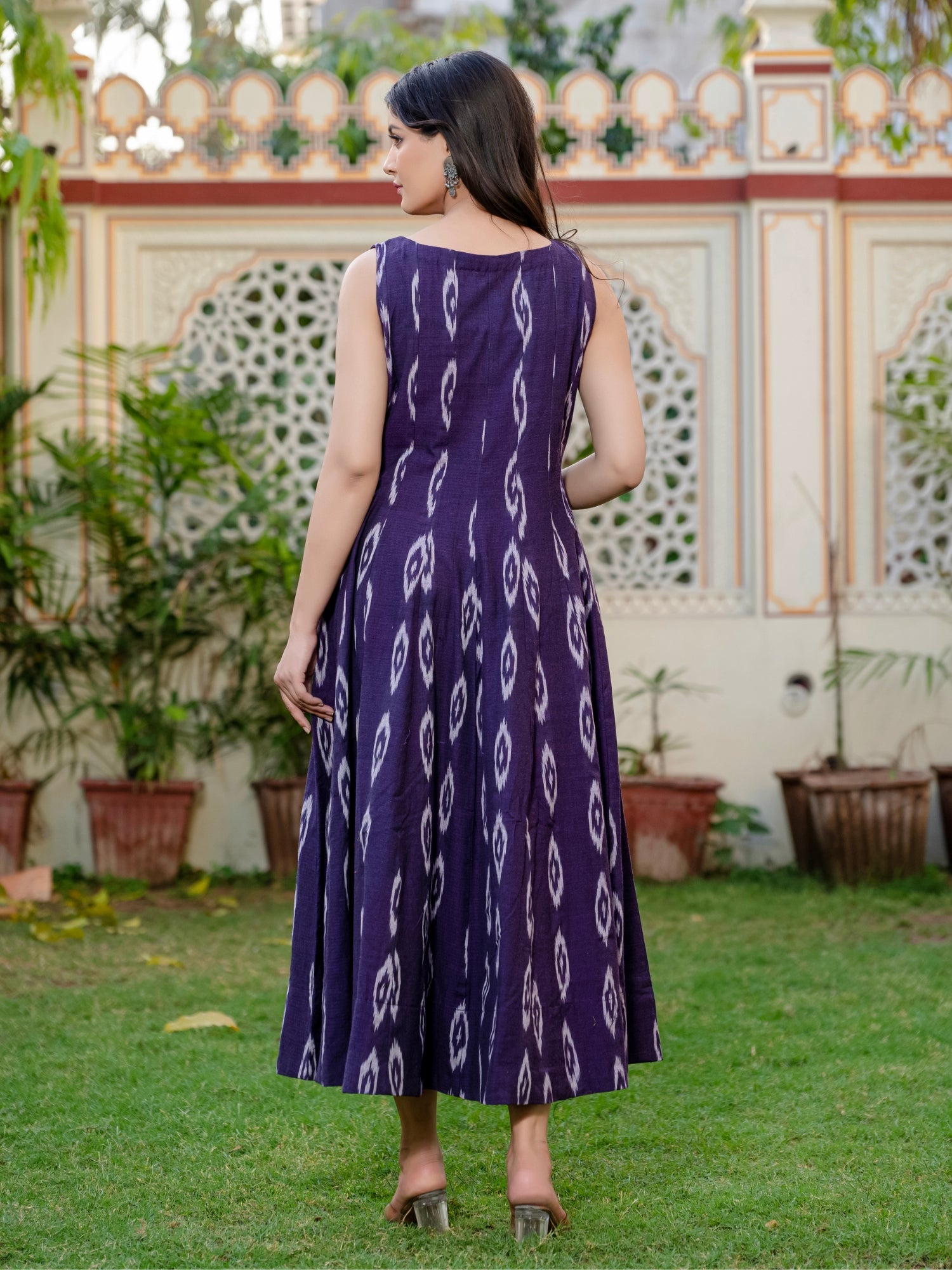 Purple color flared ikat cotton A line dresses for women 