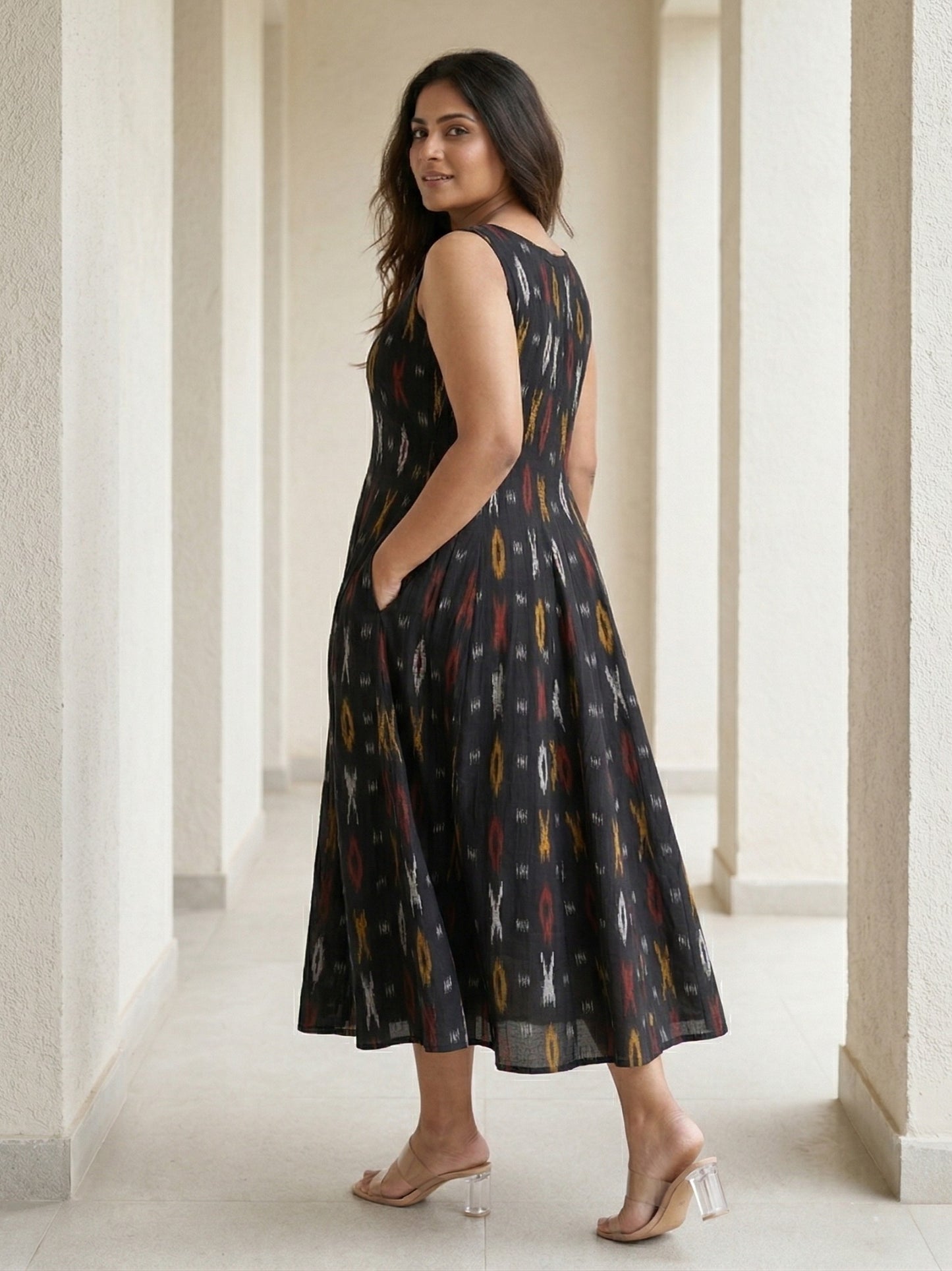 Darzaania Ikat cotton Dresses for women in black color
