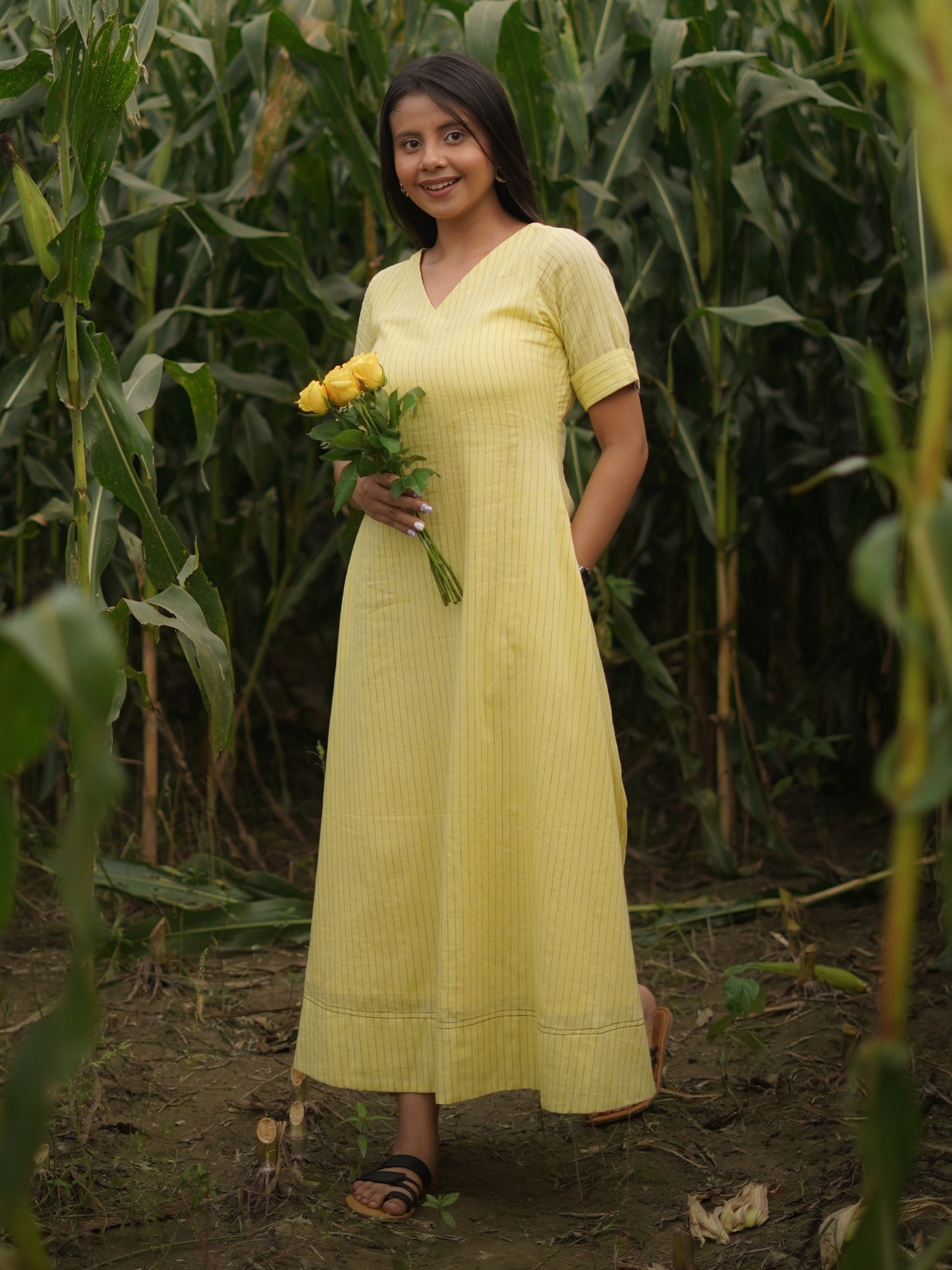 Yellow Pure Jamdani Cotton Dress S to 6XL sizes