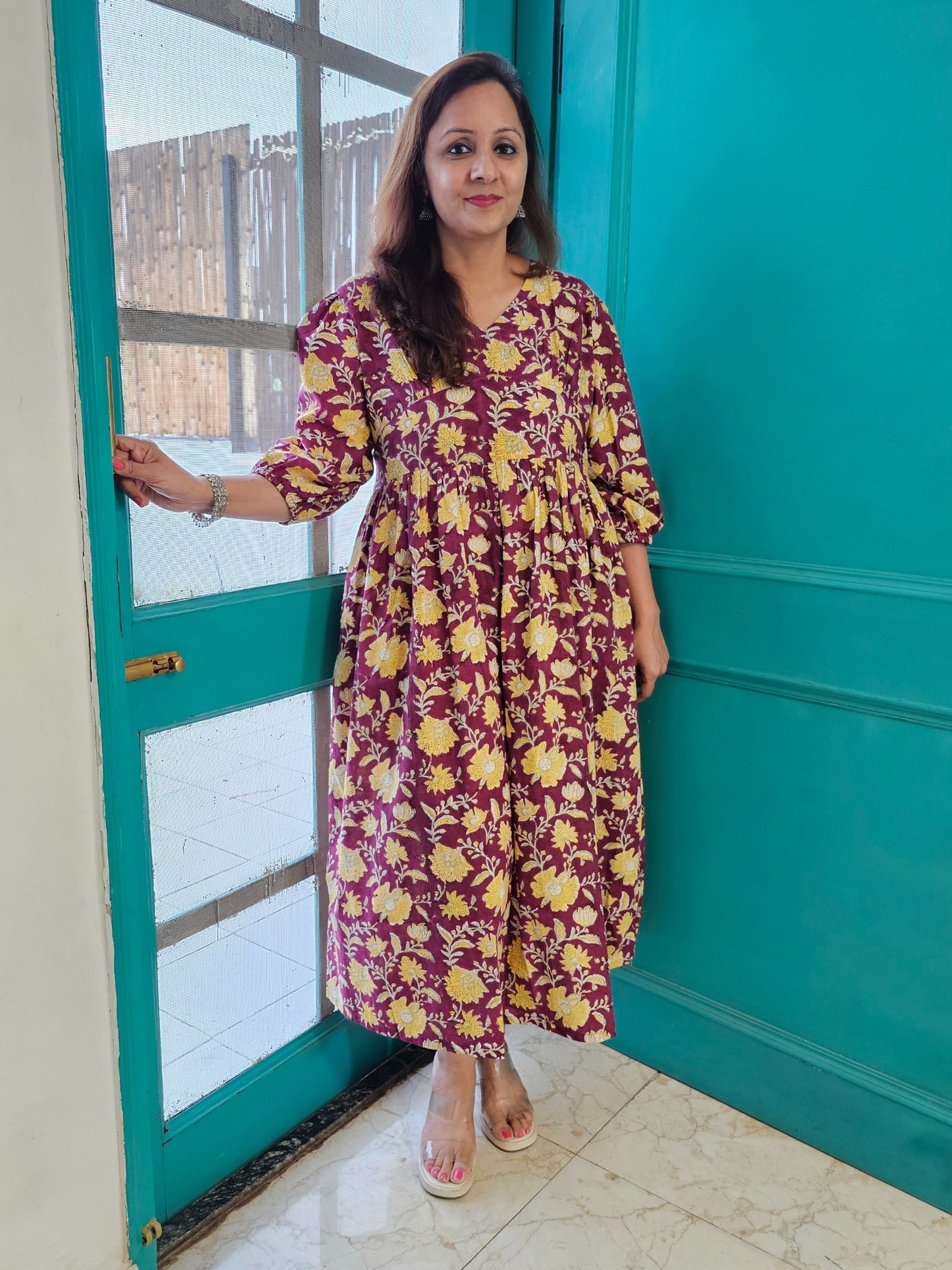 Darzaania Tapsi Wine Floral Cotton Dress