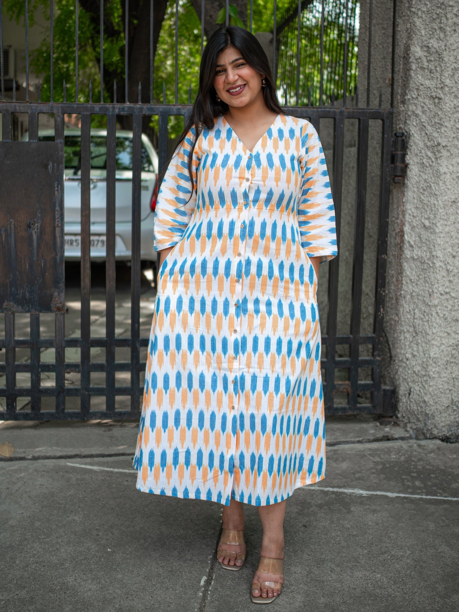Ivory white ikat cotton midi dress