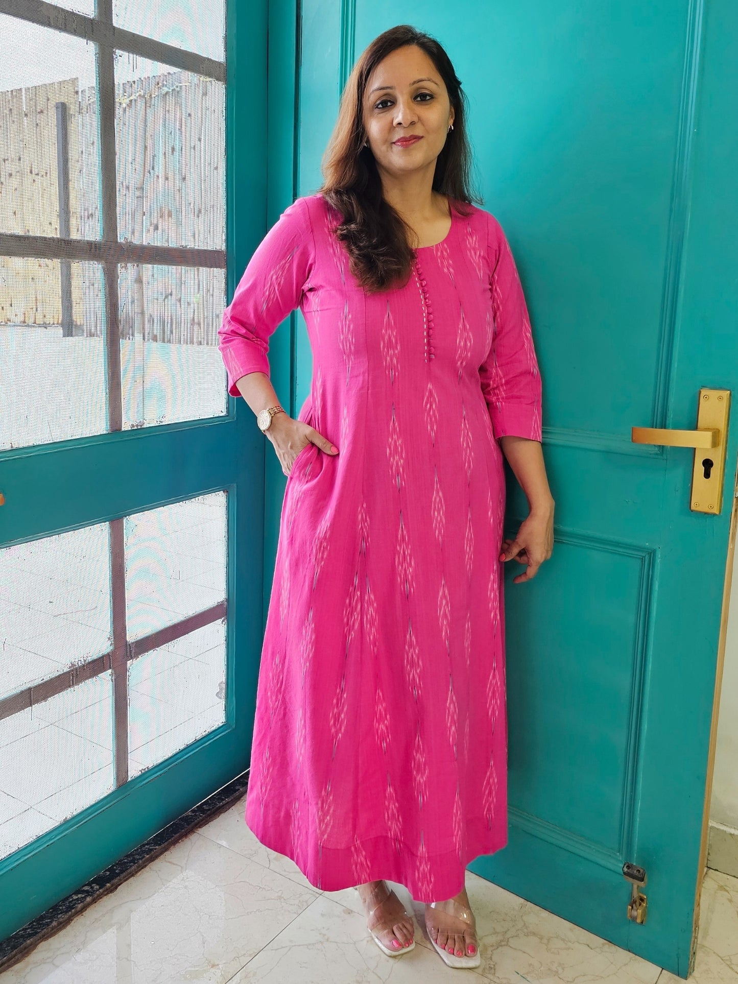 Darzaania Vandita Pink Ikkat Cotton Dress
