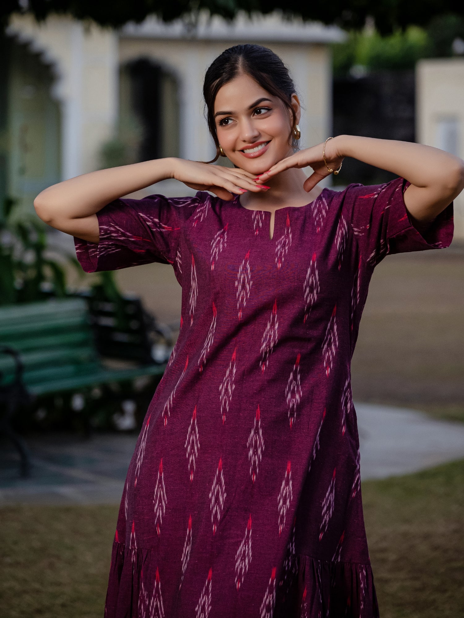 Handloom Ikkat midi dress in wine shade, front view