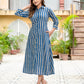 blue striped block printed pure cotton dress for women , sizes upto 6XL