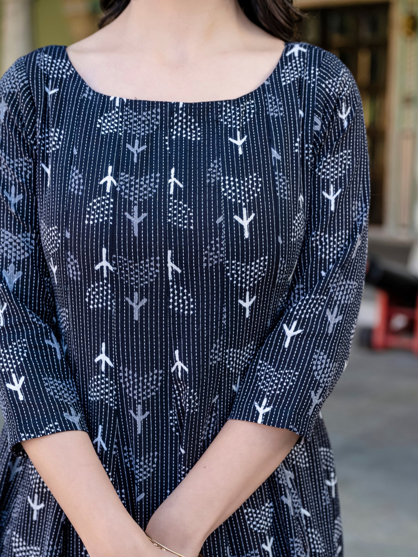 Darzaania Noor Kantha Work Block Print Pure Cotton Dress