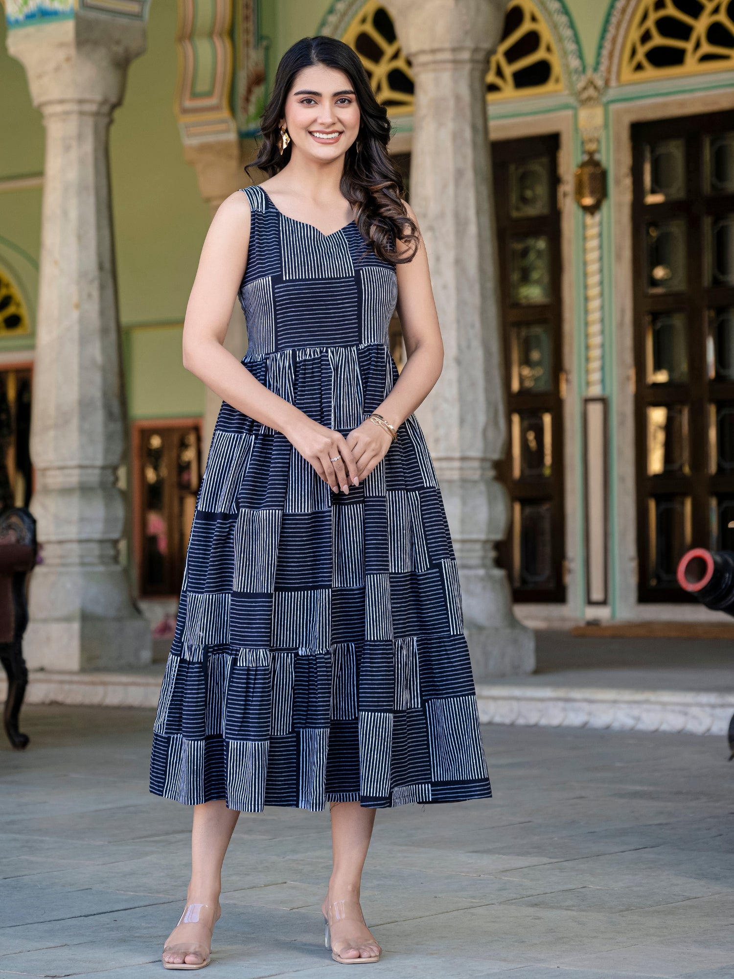 Buy Black Stripes Cotton Long Sleeveless Dress for Women