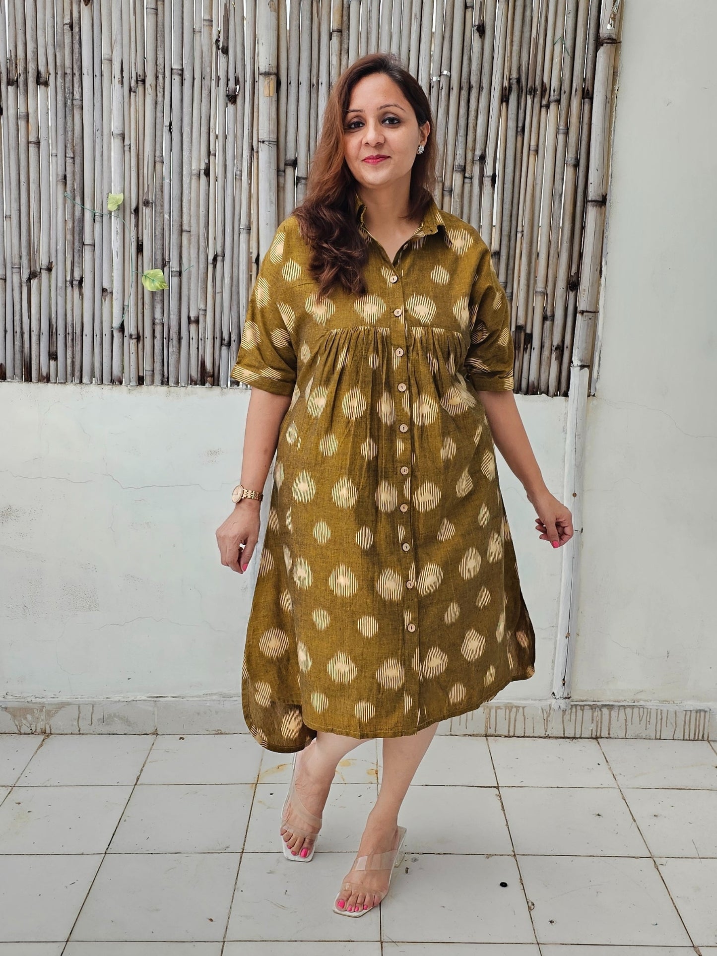 Darzaania Aarunya Olive Button Down Midi Dress