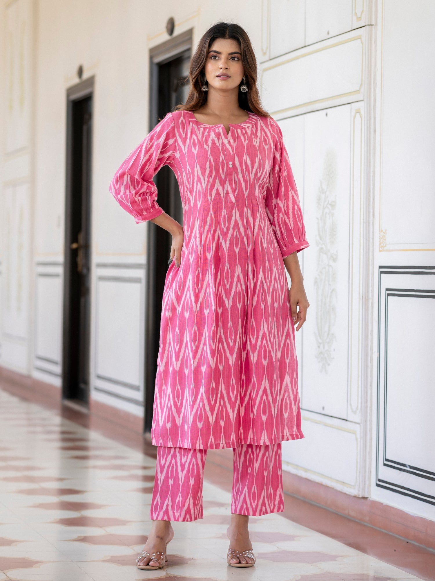 Darzaania Pink Ikat cotton co-ord set for women with palazzo pants