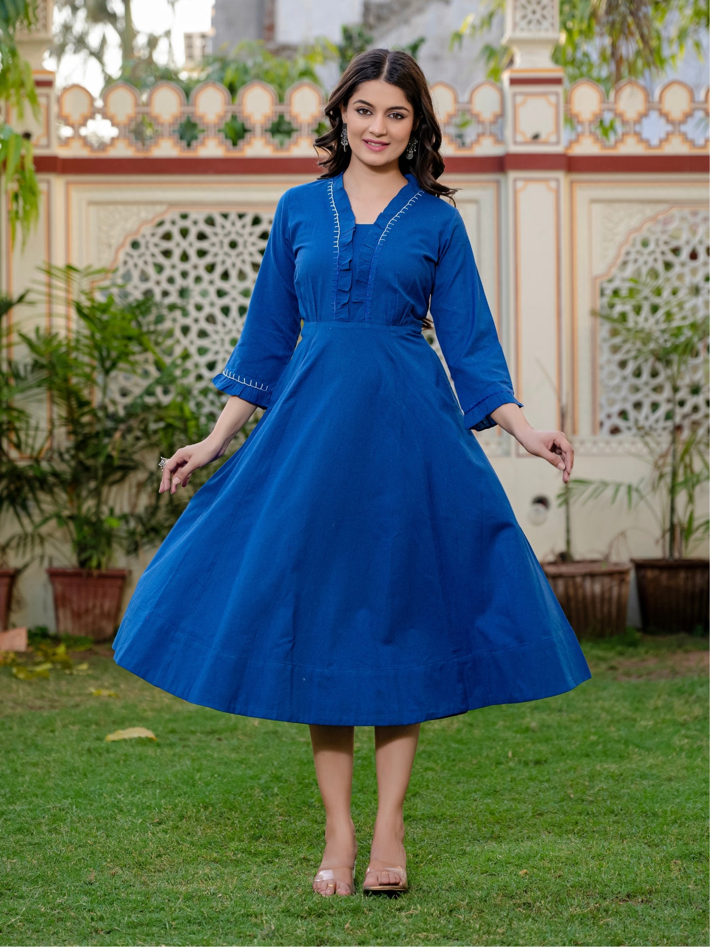 Darzaania Blue Embroidered Handloomed Cotton Dress