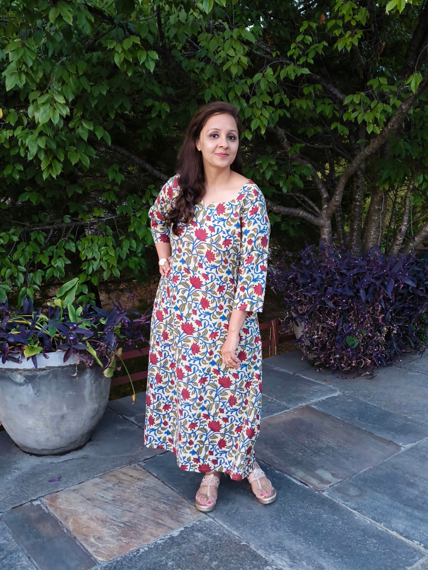 Red Rose Floral Handbloced Kurti Set for Women