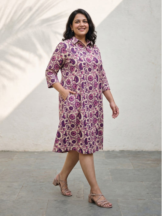 Darzaania resort wear ajrakh cotton floral purple lilac flowers print cotton dress S to 6XL sizes