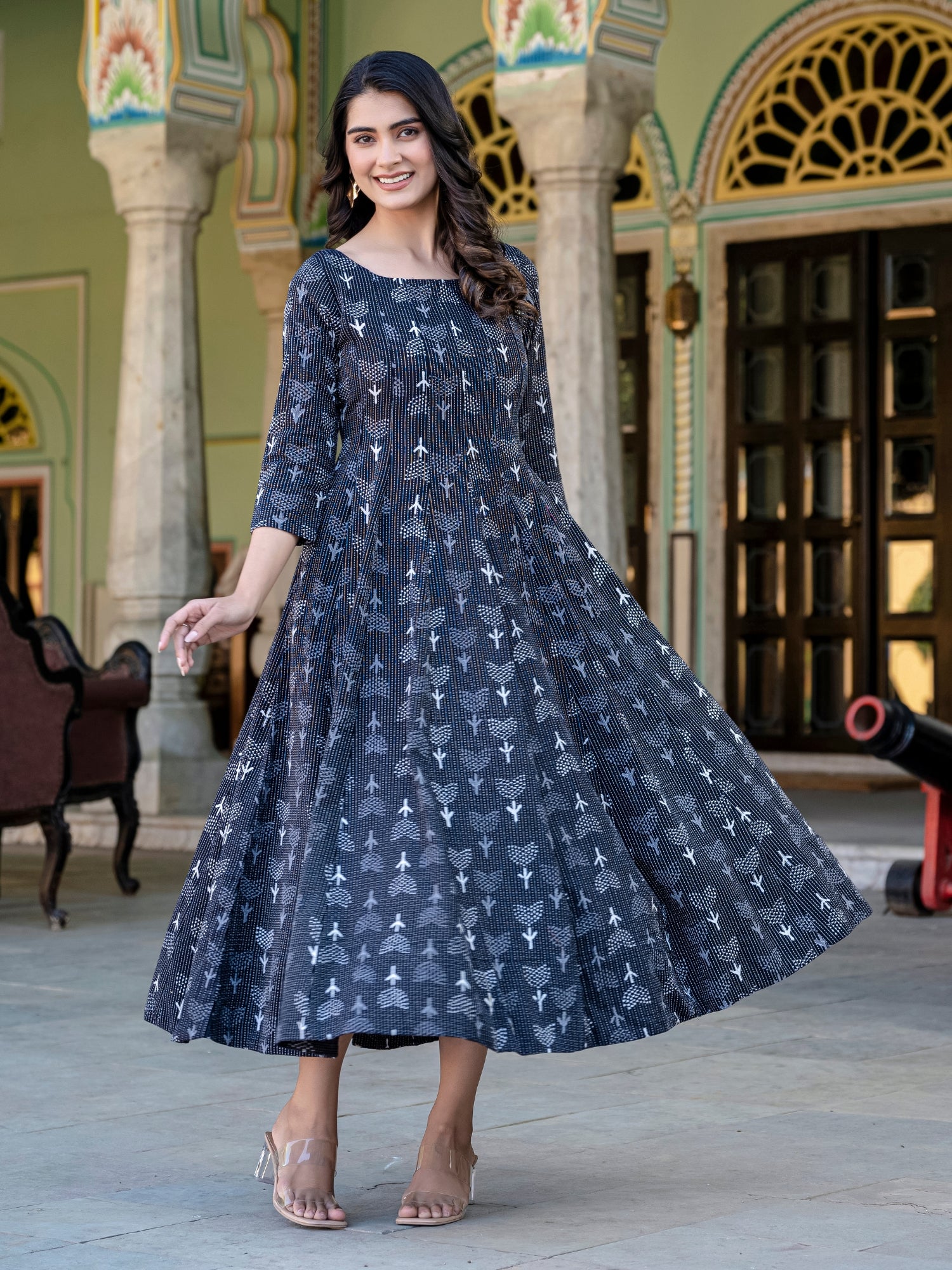 Darzaania Noor Kantha Work Block Print Pure Cotton Dress