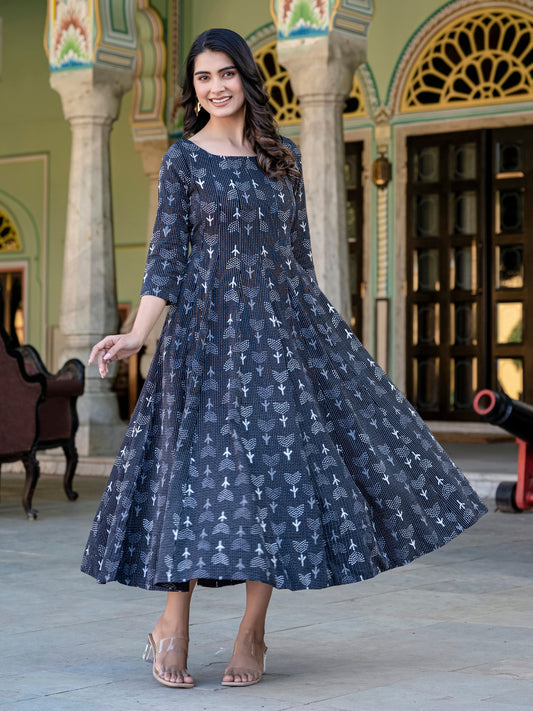 Darzaania Noor Kantha Work Block Print Pure Cotton Dress