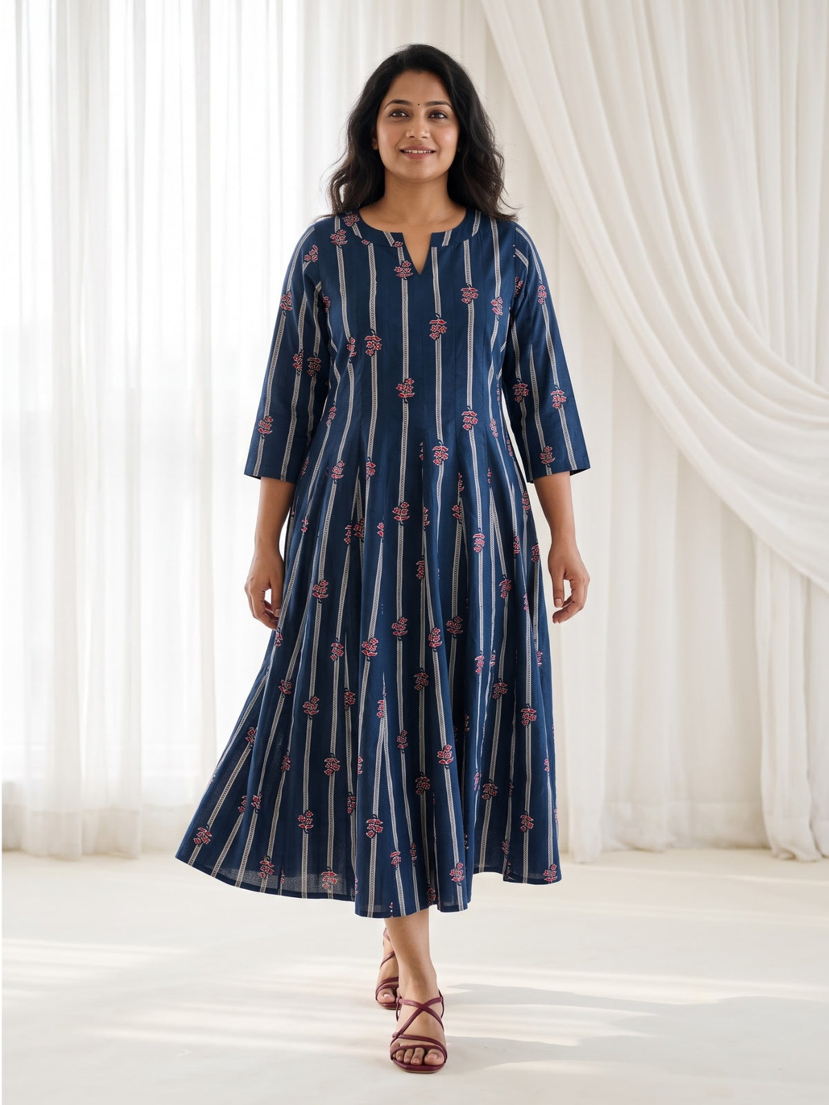 Navy blue printed cotton midi maxi dress for women S to 6XL sizes