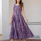 Purple striped batik block print cotton maxi dress for women with pockets, handcrafted ethnic casual wear available in sizes S to 6XL