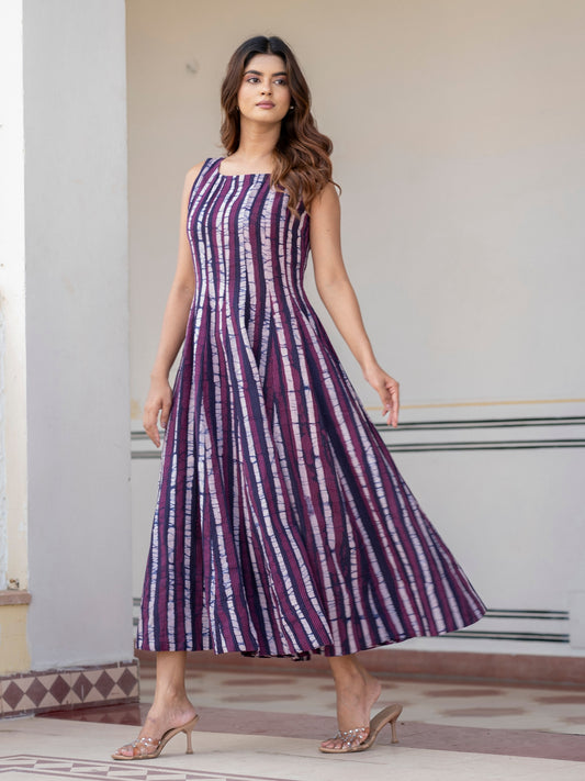 Purple striped batik block print cotton maxi dress for women with pockets, handcrafted ethnic casual wear available in sizes S to 6XL