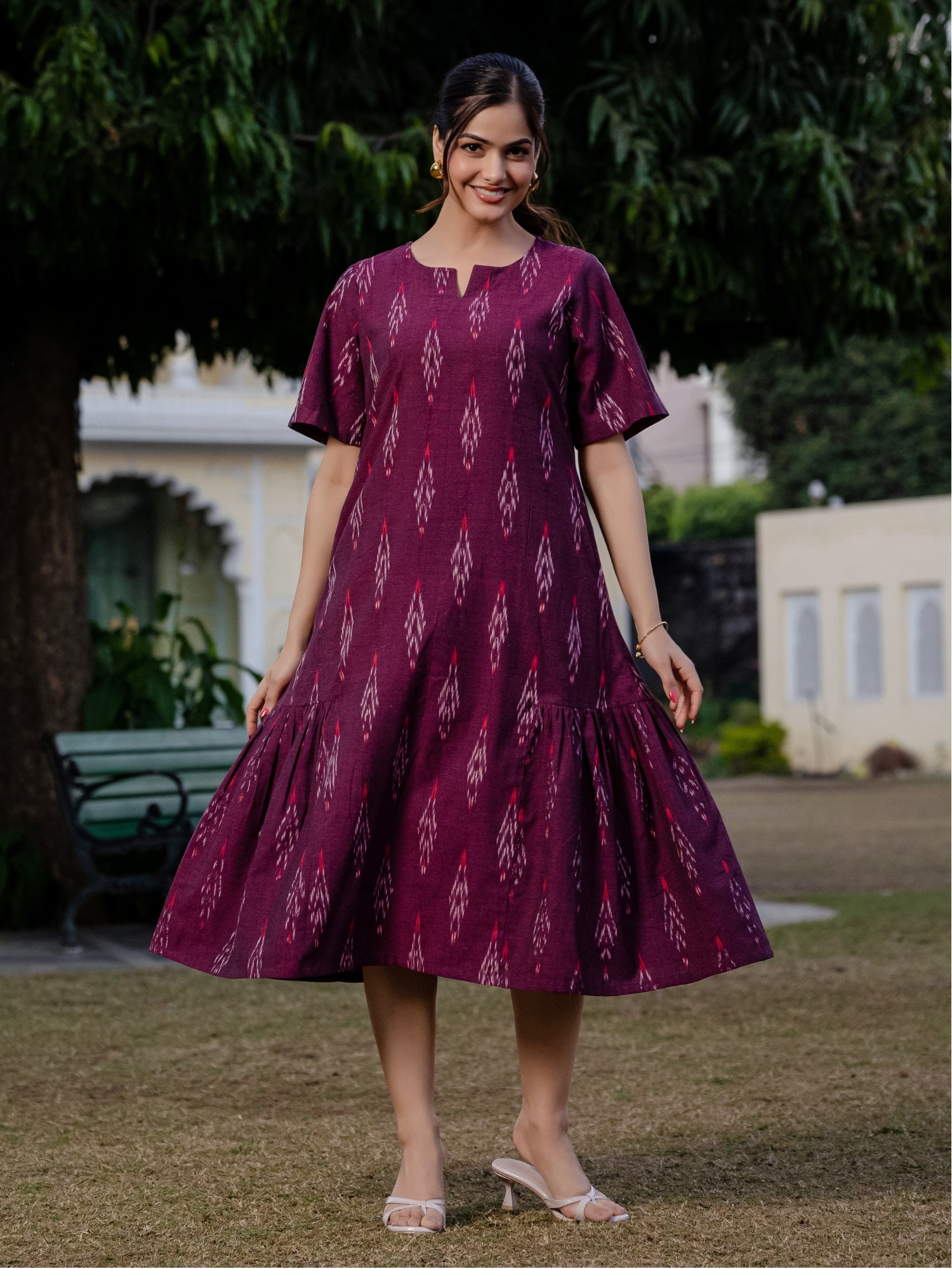 Artisanal wine Ikkat cotton dress with pockets – Darzaania