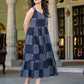 Black striped pure cotton sleeveless midi dress with pockets