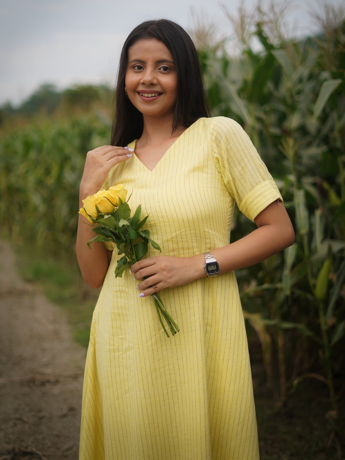Darzaania Pure Jamdani Yellow Cotton Dress