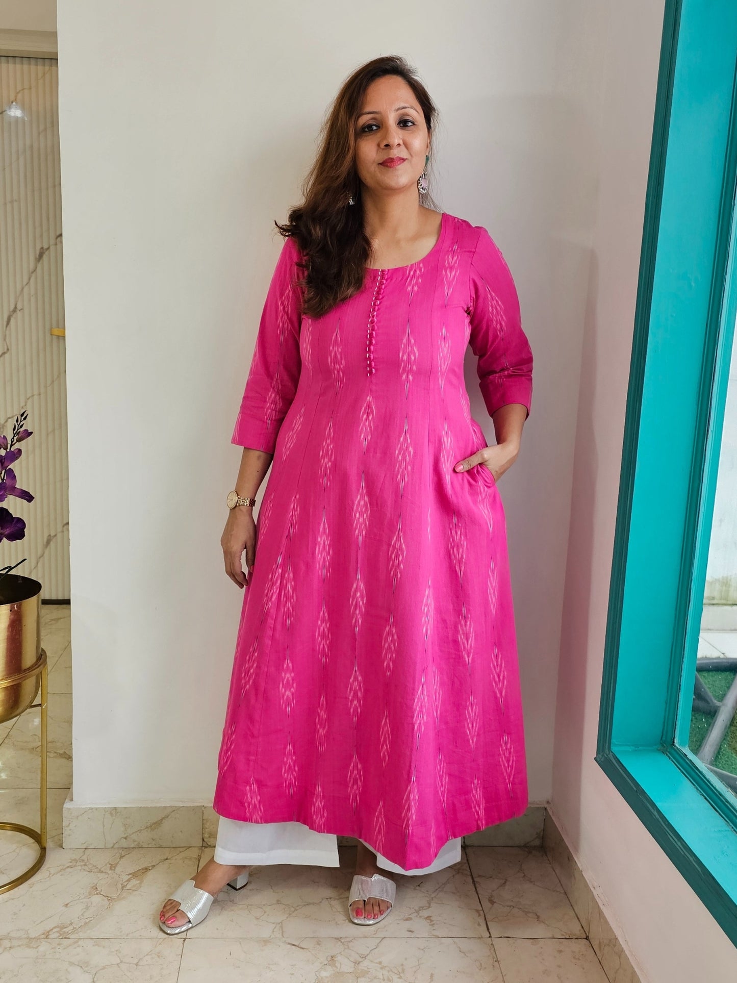 Darzaania Vandita Pink Ikkat Cotton Dress