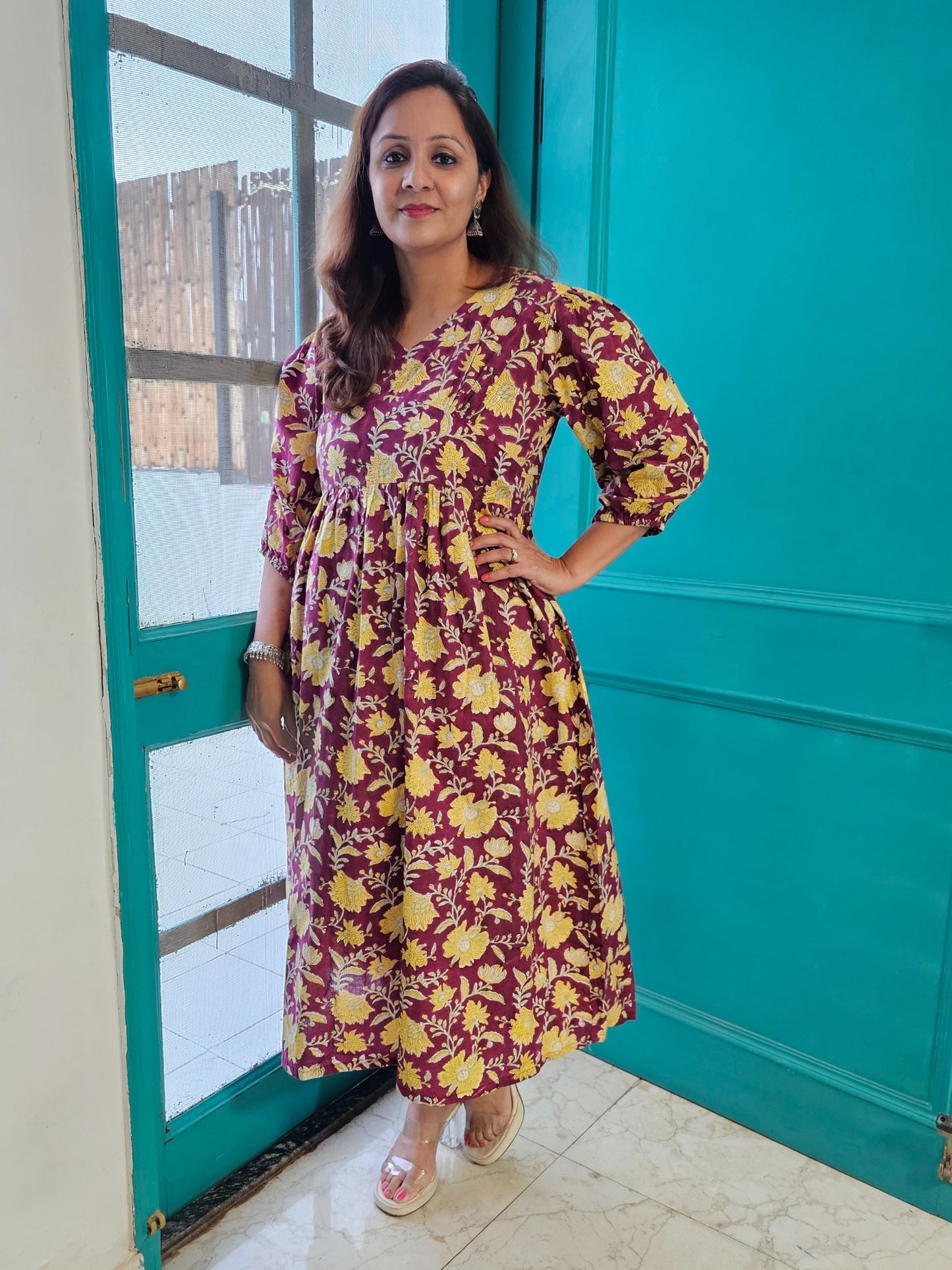 Darzaania Tapsi Wine Floral Cotton Dress
