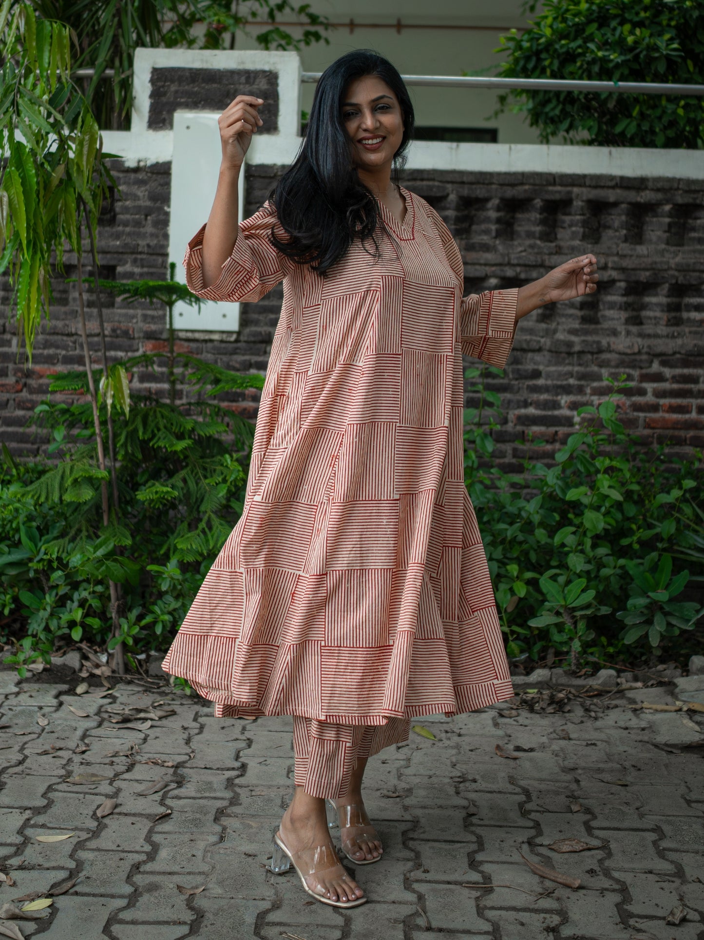 Samaira Red Stripes Block Print Pure Cotton Co-ord Set