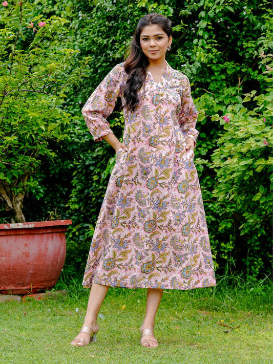 pink cotton dress for women in pure cotton