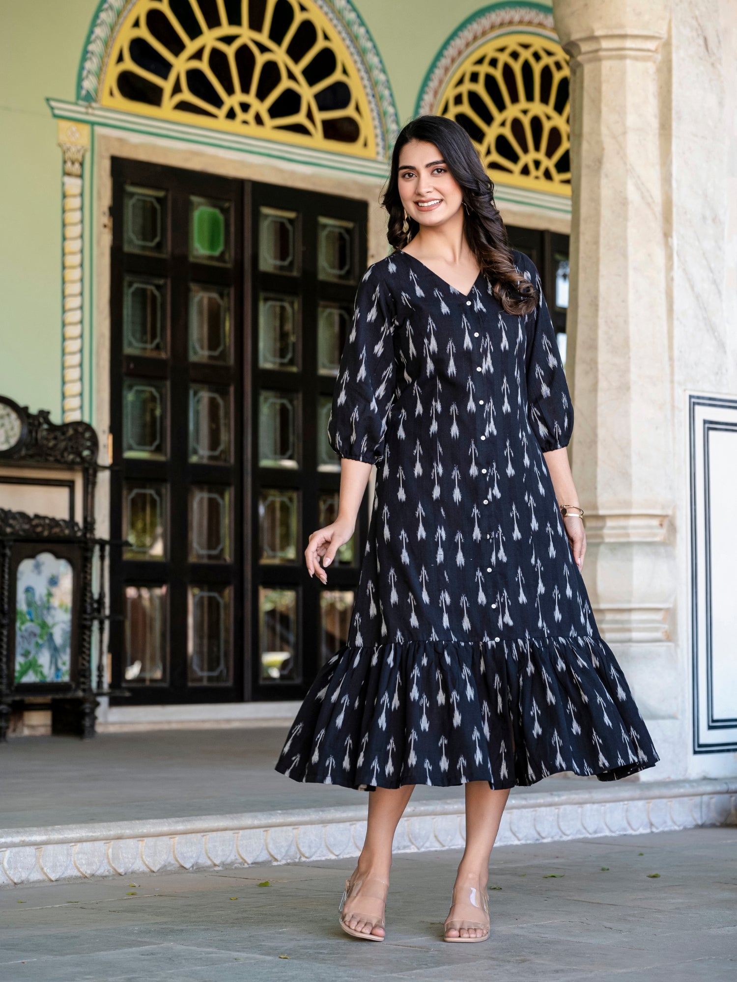 Black Ikat cotton long dress