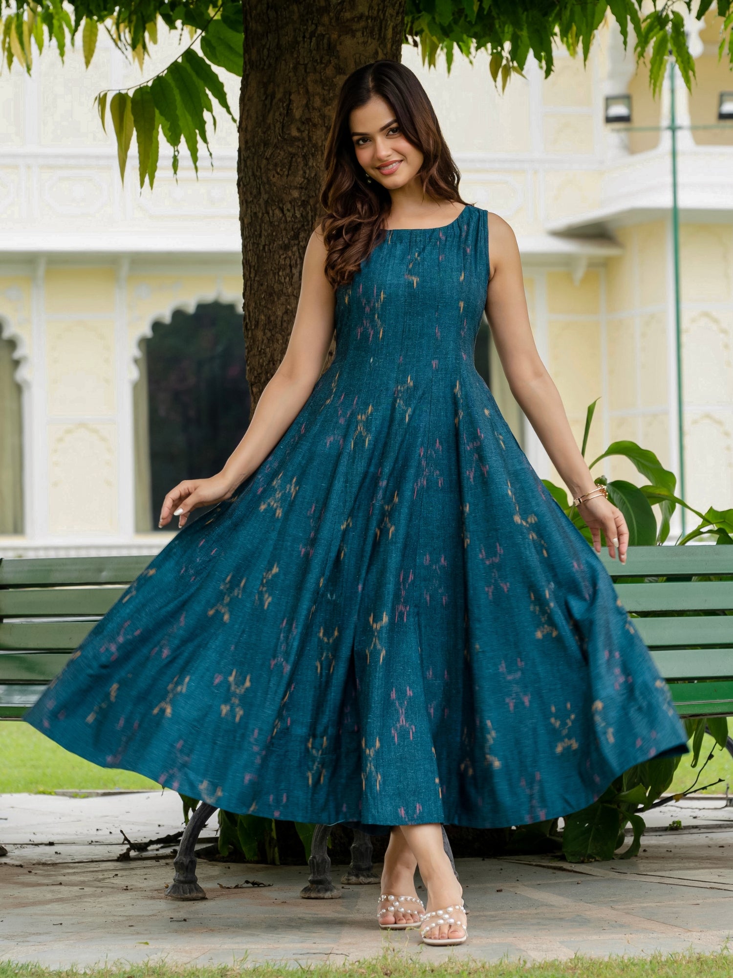 Buy Teal Blue Ikkat Cotton Long Maxi Dresses | Darzaania Buy Teal Blue Ikkat Cotton Long Maxi Dresses | Darzaania
