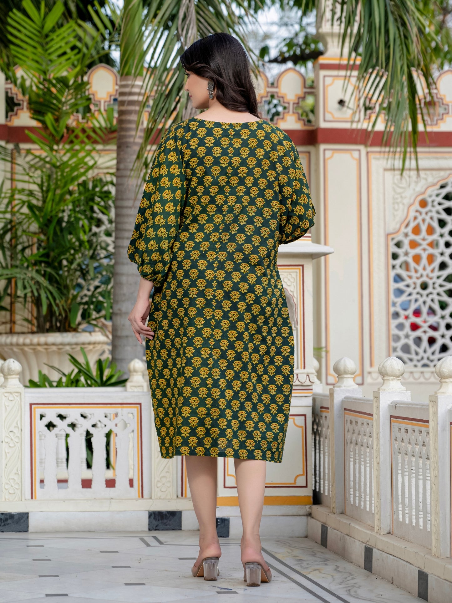 Anvitha Green Ajrakh Work Cotton Midi Dress