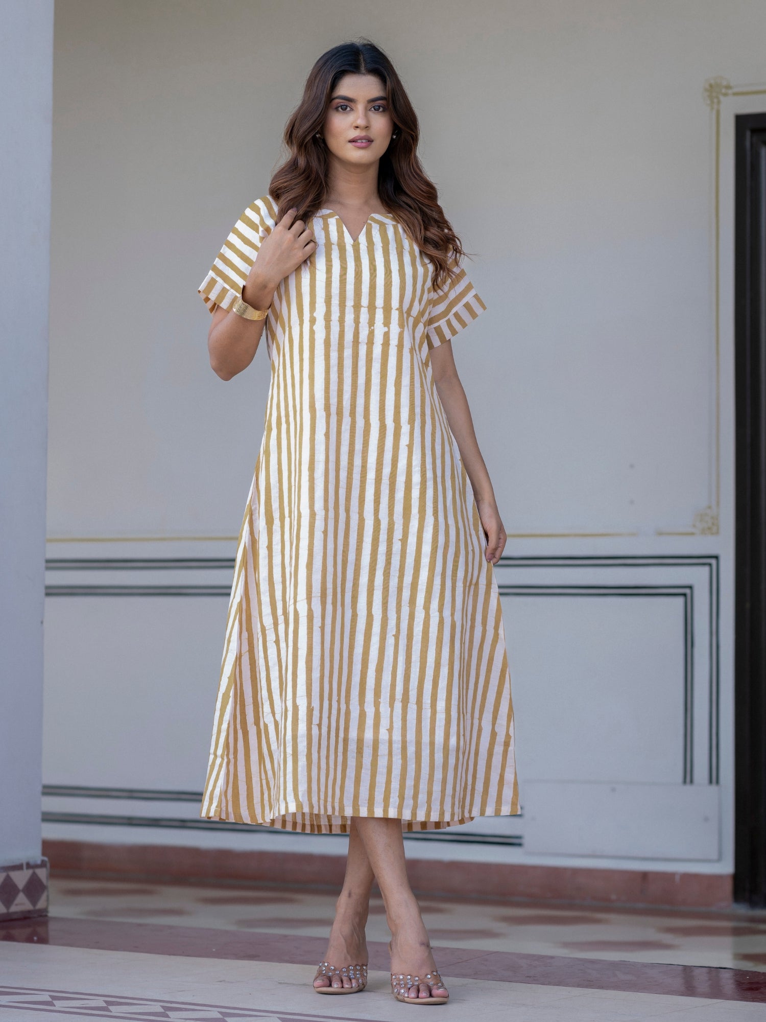 Pure cotton lined handblock stripe midi dress for women by Darzaania lifestyle image