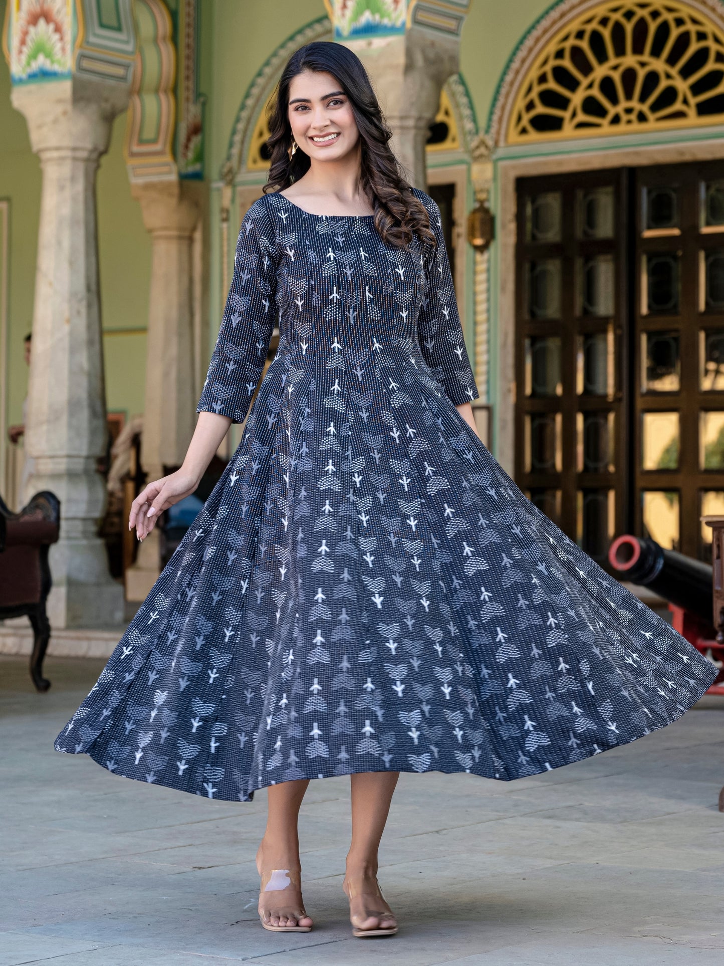 Darzaania Noor Kantha Work Block Print Pure Cotton Dress